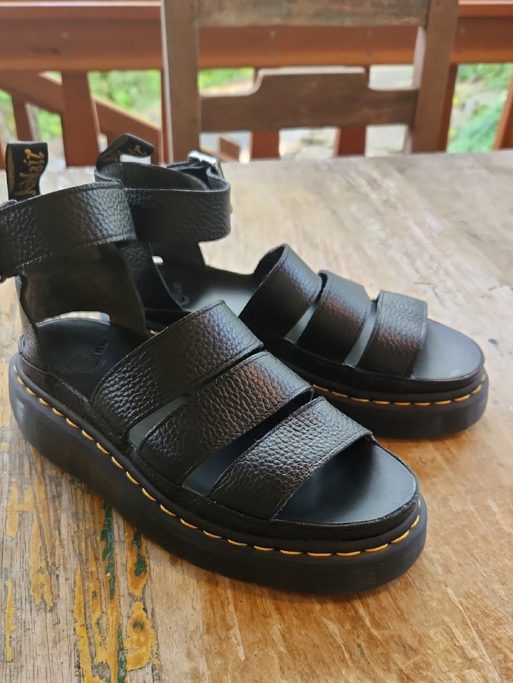 Dr. Martens Black Textured Leather Platform Sandals with Yellow Stitching